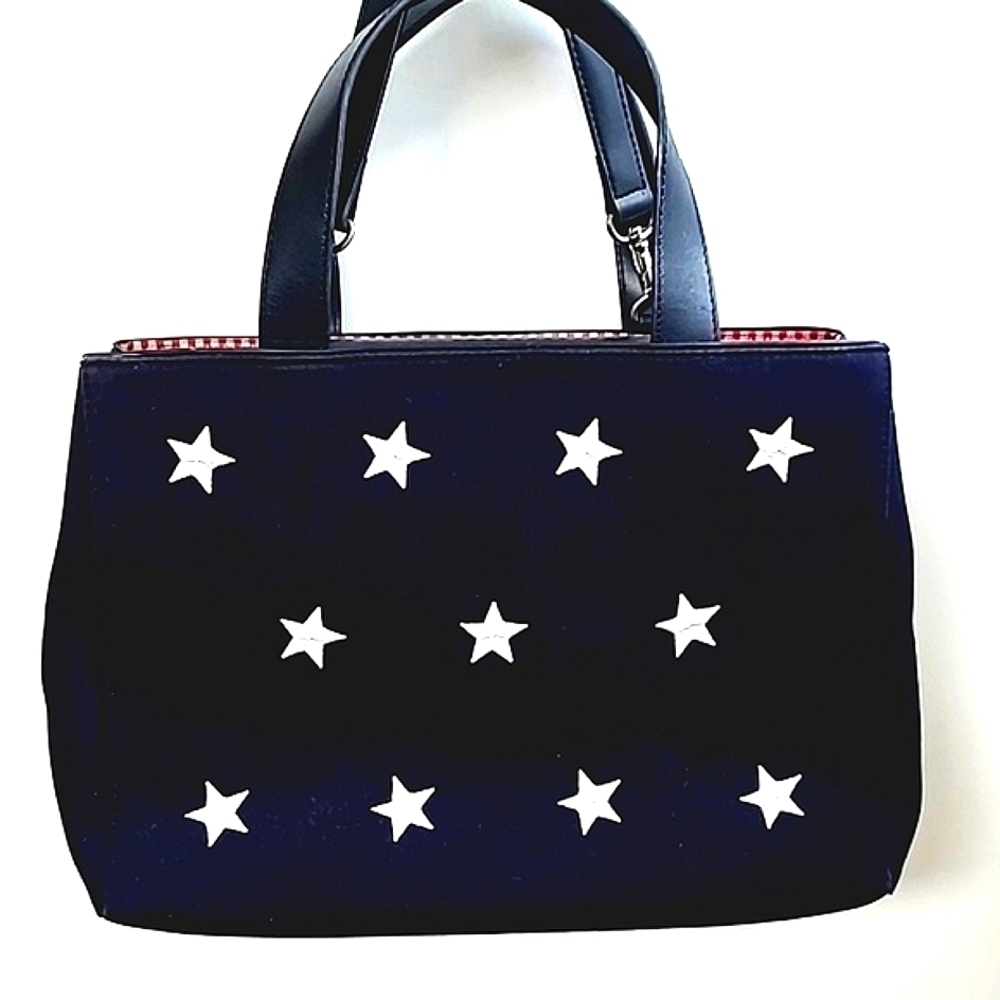 Amanda Smith Embroidered Shoulder Bag Handbag Blue White Stars Gingham I…
